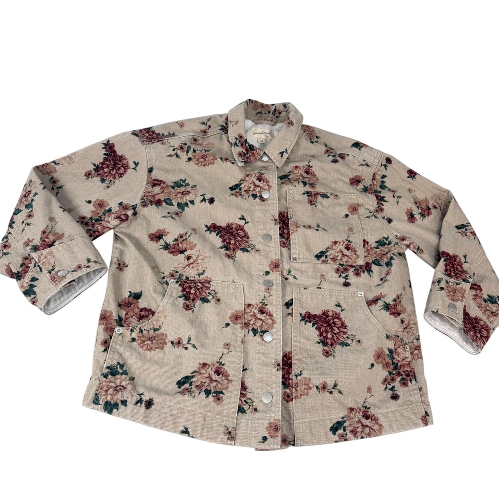 Universal Thread Floral Denim Chore Jacket Tan Pink Rose Utility Coat Small